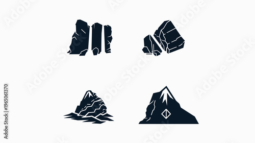 Four rock and mountain glyphs, dark navy blue against white background, varied textures