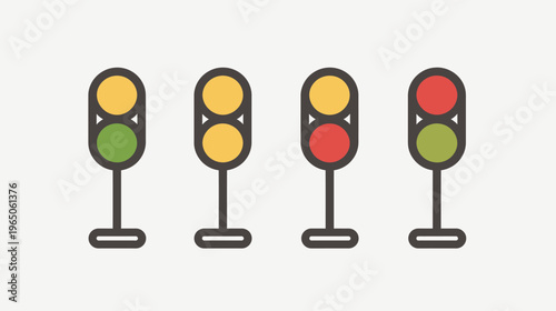 Four simple traffic lights show different states on a white background
