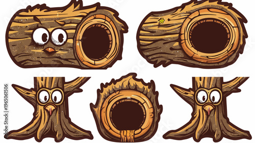 Cartoon trees shaped like owls with empty interior, isolated on white background, digital art