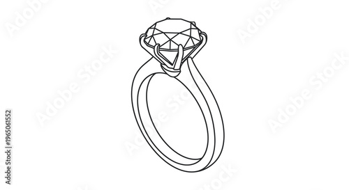 Line art illustration of a diamond engagement ring with a halo setting