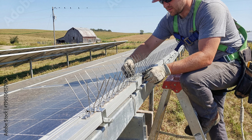 Professional technician installing bird deterrent spikes on solar panels in a rural farm field to prevent damage, solar energy maintenance worker using safety harness and ladder for panel protection.