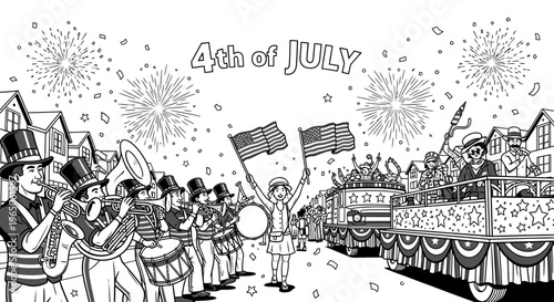 4th of July parade with marching band and fireworks