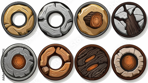 Eight circular stone and wood textured platforms with an empty center, top down view