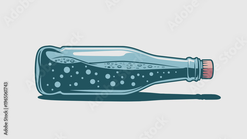 An illustration of a glass bottle lying on its side with a cork stopper and bubbles inside.