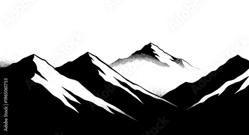 Monochrome ink painting of majestic mountains with sharp peaks and shadows against a stark white background, evoking a serene and timeless atmosphere