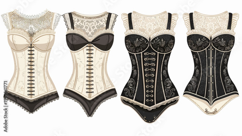 Four vintage-style corsets with lace details and black and cream color schemes