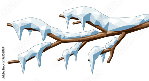 Illustration of a frozen branch covered in geometric snow, featuring sharp icicles and a minimalist white background, showcasing winters icy beauty