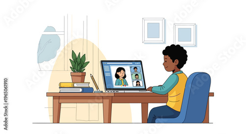 Young boy learning online via video call on laptop at desk, home education concept