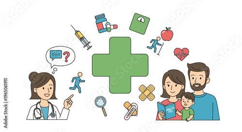 Healthcare Concept: Doctor, Family, Medical Icons, Healthy Lifestyle, Cross Symbol