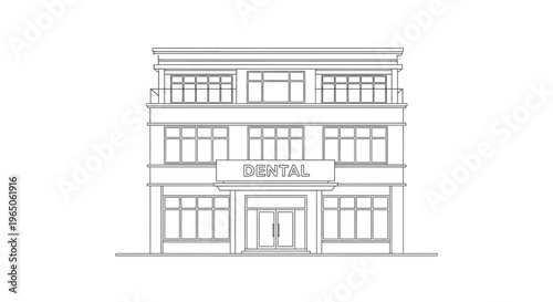 Line drawing of a two story building with a dental practice storefront