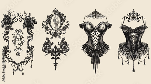 Vintage dark floral ornaments and corsets with lace, beads, and decorative details