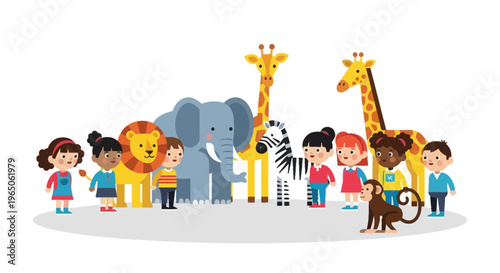 Diverse Kids and Cartoon Animals Together - Safari Adventure Fun