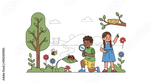 Children Exploring Nature: Boy with Magnifying Glass, Girl Pointing at Flowers, Ladybug and Bee