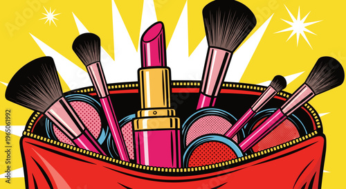 Vibrant illustration of a makeup bag overflowing with colorful cosmetic products including brushes and lipstick on a bright yellow background