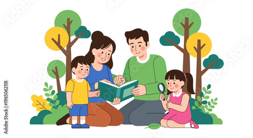 Family Reading Outdoors: Parents Teaching Children Nature Exploration with Magnifying Glass