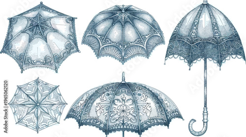 Watercolor of several decorated umbrellas with varying shapes and intricate designs