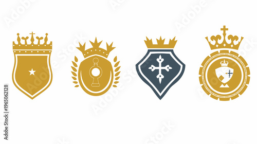 Four heraldic emblems, each featuring a shield and crown design, in gold and slate-blue