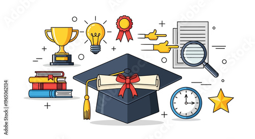 Graduation Concept: Cap, Diploma, Books, Trophy, Lightbulb, Clock, Magnifying Glass
