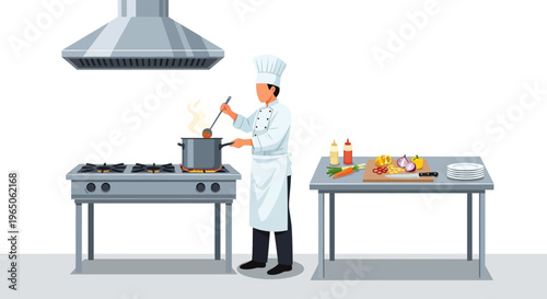 Chef cooking in professional kitchen with ingredients on side table.