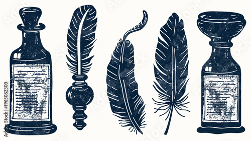 Inkwells and quill feather illustrations in a blue, textured, linocut style