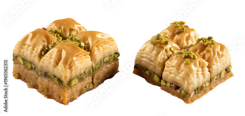 Two pieces of baklava pastry with pistachios on black dessert sweet isolated on a transparent background