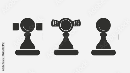 Three stylized, dark gray pawns on a light gray background, each with unique features