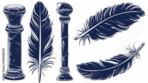 Stylized drawing of two columns and two feathers in a dark blue on a white background