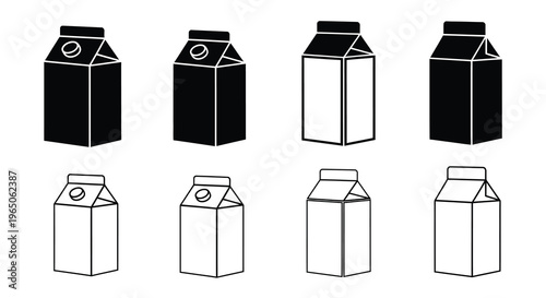 Black and white illustration of various milk carton shapes and orientations