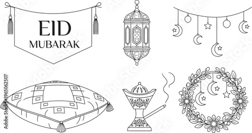 Eid Mubarak and Ramadan line art vector elements a minimalist collection of Islamic decorations for greeting cards and web design isolated on white