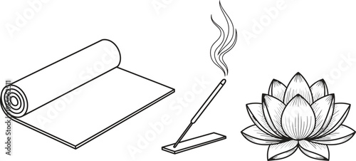 Essential elements for yoga and meditation practice including a rolled mat burning incense and a lotus flower presented in a clean line art vector