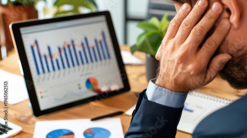 Business professional analyzing financial data on a tablet with focus on graphs and charts in a modern office setting