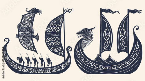Stylized drawing of three Viking ships, with detailed, ornate carvings on a plain backdrop