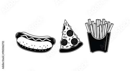 A black and white illustration of fast food pizza hotdog and fries
