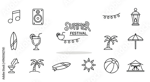 Summer festival icons, beach vacation symbols, line art illustrations, black and white graphics, 15 vector elements