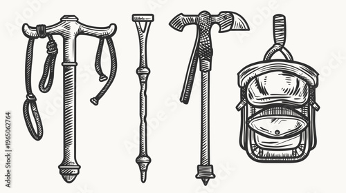 Woodcut style illustration featuring hiking poles and a backpack on a neutral background