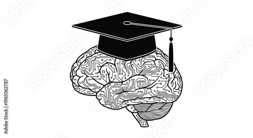 A graduation cap rests upon a brain composed of circuit patterns