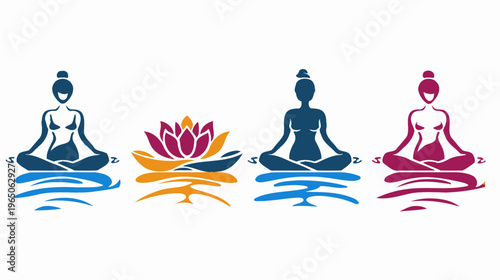 Four stylized figures meditating, one with a lotus flower, all above abstract waves