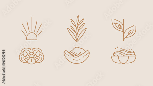 Beige backdrop showcasing six brown minimalistic icons in two rows of three