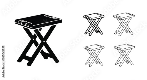 Black and white illustration of folding stools in varying perspectives