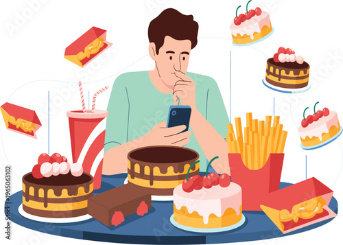 Online food delivery vector illustration, man ordering fast food and desserts via smartphone with floating icons of cakes, fries, and burgers, isolated on white background