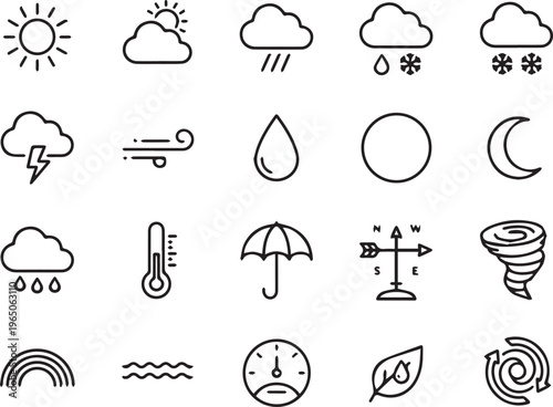 A set of various weather icons in black line art