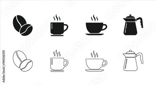 Coffee beans cups and pots in a simple black and white illustration