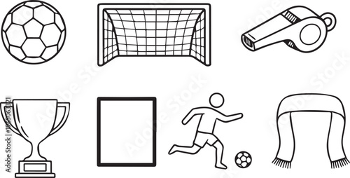 Black and white soccer icons on a including ball goal referee whistle trophy and scarf