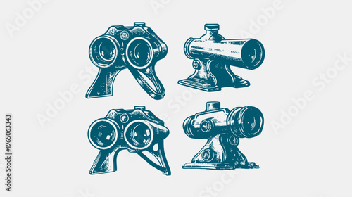 Four teal vintage telescope variations, two binocular style, on pale gray background