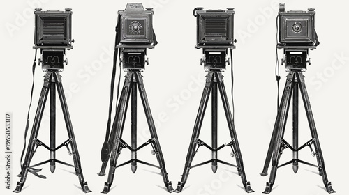 Four vintage bellows cameras with tripods, grayscale, facing alternate directions