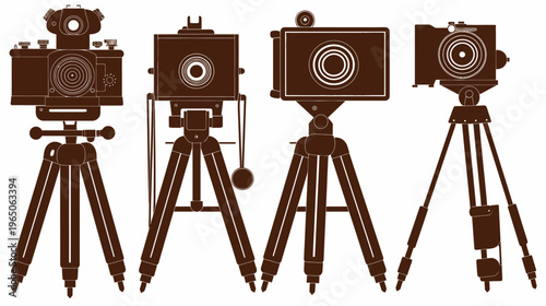 Silhouetted vintage cameras on tripods, showcasing various models in a brown color scheme