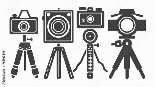 Stylized monochrome graphic of four cameras on tripods, rendered in a retro art style