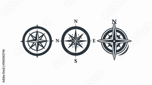 Three compass rose illustrations in different styles, dark gray on white background