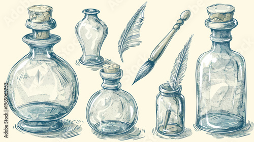Antique-style illustration of bottles, inkwell, brush, and feathers on light background