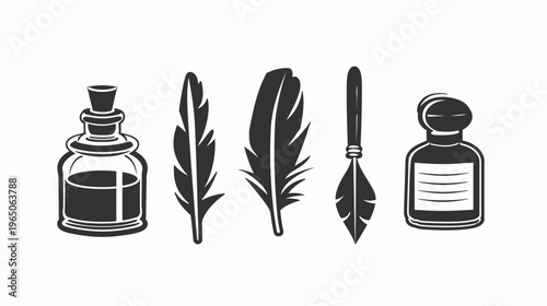 Stylized drawing of ink bottles, and feathers, rendered in a monochrome silhouette